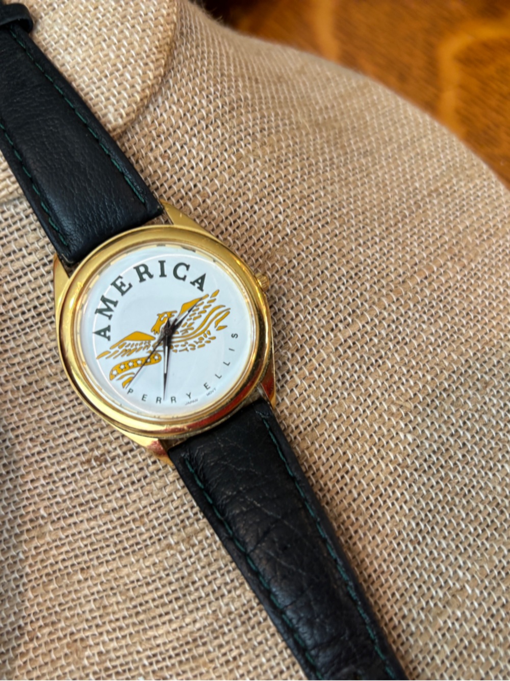 Perry Ellis Gold-Tone Watch with White Dial and Black Leather Strap